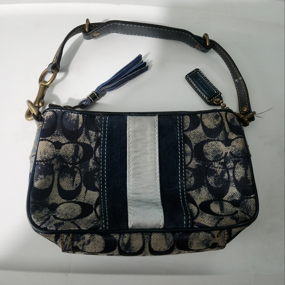 Coach Handbags - Coach Vintage Metallic Suede Signature Stripe Navy Demi
